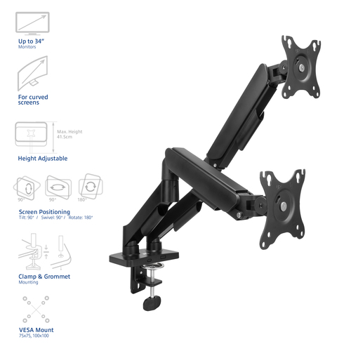 ACT Connectivity Monitorarm met gasveer, 2 monitoren tot 35 inch, afbeelding 3