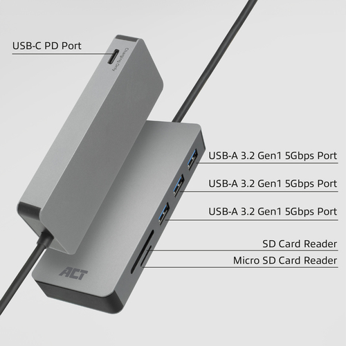 ACT Connectivity USB-C hub 3.0, 3x USB-A, cardreader, PD pass-through dockingstation, afbeelding 3
