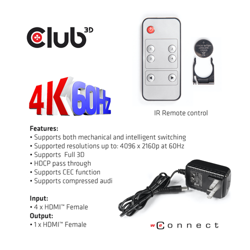 Club 3D HDMI 2.0 UHD Switchbox 4 ports adapter, afbeelding 9