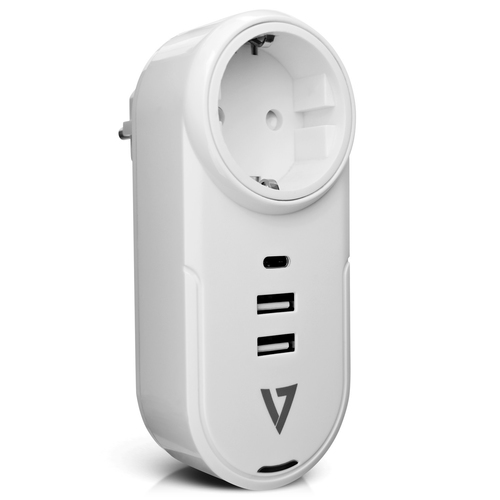 V7 PWUSBCEU. Índice de aumento de energia: 400 J, Quantidade de saídas AC: 1 tomada(s) CA, Tipos de tomada AC: Tipo F. Cor do produto: Branco, País de origem: China. Peso: 165 g, Largura: 27 mm, Profundidade: 55 mm. Certificação: WEEE, CE. Comprimento da embalagem: 75 mm, Profundidade da embalagem: 130 mm, Altura da embalagem: 60 mm