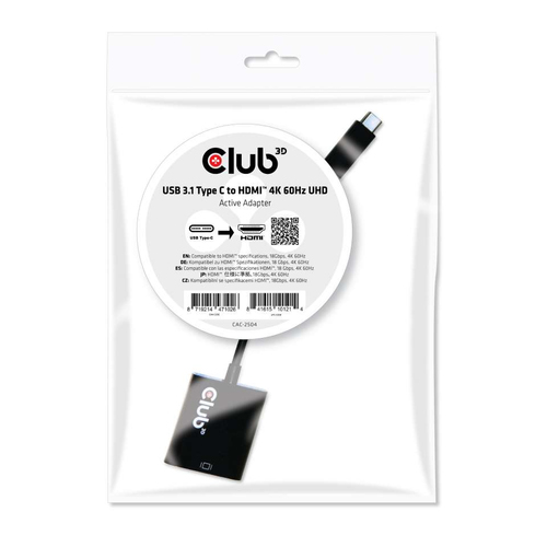 CLUB3D USB 3.1 Type C to HDMI 2.0 UHD 4K 60HZ Active Adapter, afbeelding 2