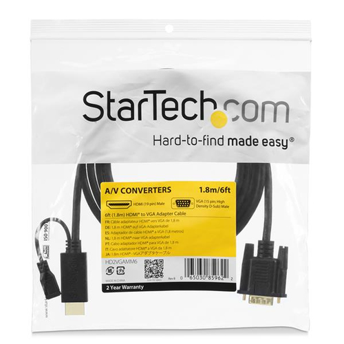 StarTech.com HDMI to VGA Cable - 6ft 2m - 1080p - Active Conversion - HDMI to VGA Adapter Cable for Your VGA Monitor / Display (HD2VGAMM6) Videoadapterkabel 2m Sort – billede 5