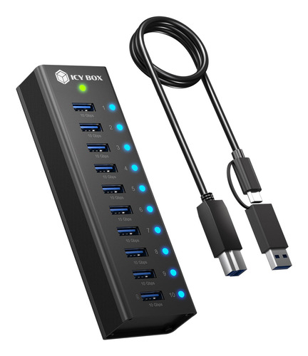 Box 10-Port USB 3.2 Gen 2 (10 Gpbs) Hub mit 1x Tablet-Ladeport, inkl. 12 V/4 A Netzteil, Vollmetall