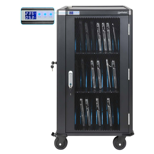 Manhattan Laadtrolley voor 30 laptops (tot 16"), laden via interne AC-adapters (EU) (installatie van voedingskabels van apparaten vereist), geschikt voor ALLE laptops, iPad, MacBook en Chromebook, vakken 380×30×280 mm, landkast, afsluitbaar