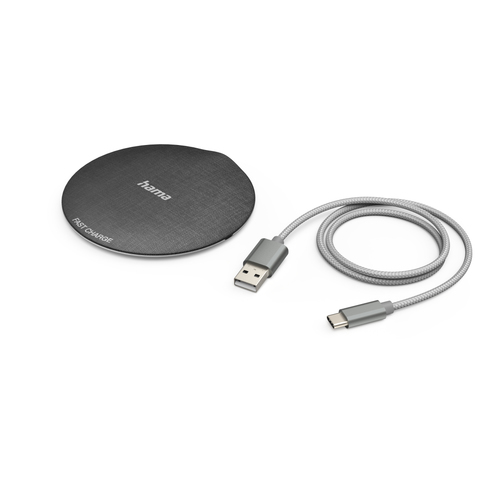 Hama QI-FC10 Metal Мобильный телефон, Смартфон Черный, Серебристый USB Беспроводная зарядка Быстрая зарядка Для помещений