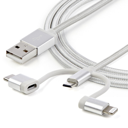StarTech.com USB Multi Charging Cable - 3.3 ft / 1m - Lightning / USB-C / Micro-USB - Braided - MFi Certified - USB 2.0 - 3 in 1 Charging (LTCUB1MGR) USB-kabel 1m Sølv – billede 6