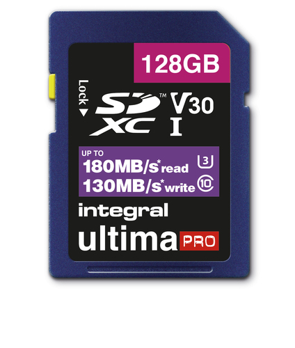 Integral 128GB SD CARD SDXC UHS-1 U3 CL10 V30 8K UP TO 180MBS READ 130MBS WRITE