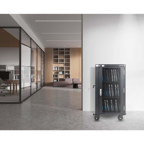 Manhattan Laadtrolley voor 30 laptops (tot 16"), laden via interne AC-adapters (EU) (installatie van voedingskabels van apparaten vereist), geschikt voor ALLE laptops, iPad, MacBook en Chromebook, vakken 380×30×280 mm, landkast, afsluitbaar