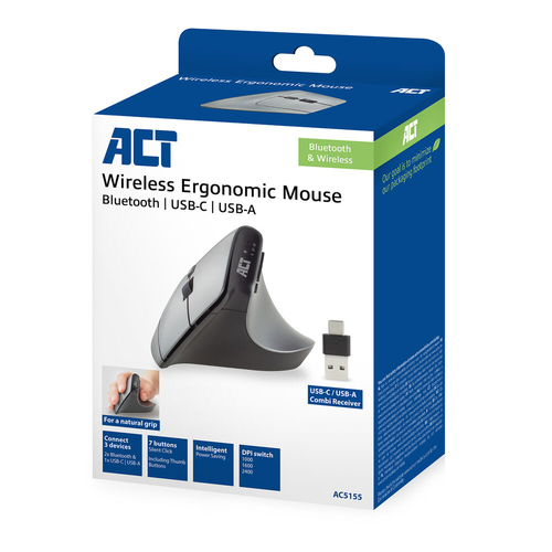 ACT Connectivity Draadloze Ergonomische Muis met Bluetooth en USB-C/USB-A, afbeelding 3