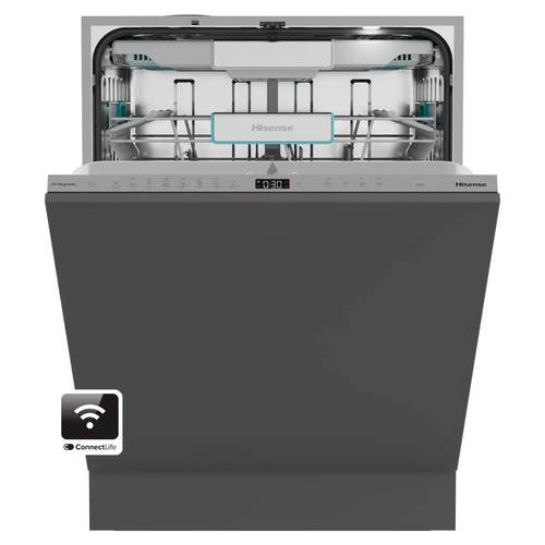 Product image: Hisense Fully integrated dishwasher with 16 place settings and sliding door for a seamless fit. AutoDose ensures correct detergent use, Auto Dry delivers ready to use dishes, and quiet 38 dB operation with flexible baskets supports easy everyday use.