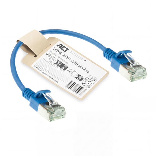 ACT Blauwe 0.15 meter LSZH S/FTP CAT6A slimline patchkabel snagless met RJ45 connectoren, afbeelding 2