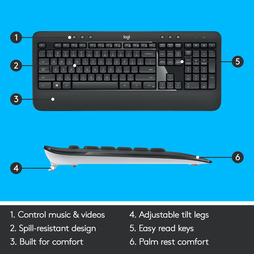Logitech MK540 Tastatur & Maus - Kabellos, Funk USB QWERTZ, DunkelgrauOptische, Kabellos, Funk, USB, 1000 dpi Bewegungsauf