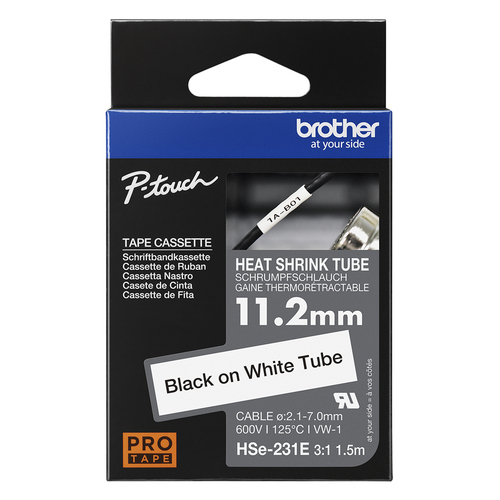 Brother Hse Heat Shrink Tube Tape 11mm x 1.5m Black on White HSE231E - image 2