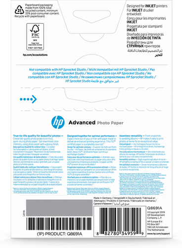 HP Inc. Papier Advanced foto Błyszczący bez marginesów 250g A6 25arkuszy Q8691A