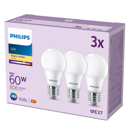 Philips Ampoules LED opaques - 60 W - E27 - Lumière blanc chaud - Lot de 3 – Photo 4 sur 4