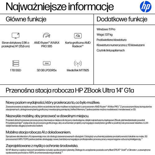 HP Inc. Stacja robocza ZBook Ultra G1A RAIMP385 1TB/32GB/W11P/14 cali A3ZS1ET