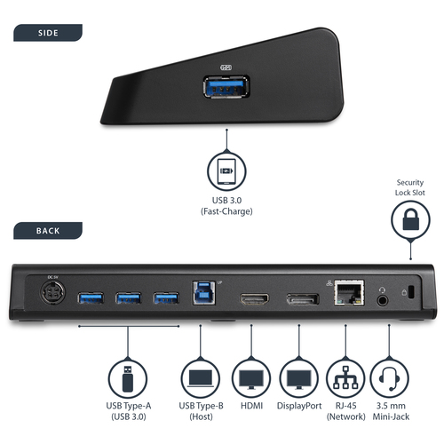 StarTech.com USB 3.0 Docking Station Dual Monitor with HDMI & 4K DisplayPort - USB 3.0 to 4x USB-A, Ethernet, HDMI and DP - USB Type A Universal Laptop Docking – image 9