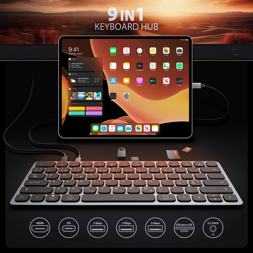 Axagon HMC-KB-NRD, USB 5Gbps hub w. keyboard, HDMI 4K/60Hz, 3x USB-A, SD/mSD, audio, PD100, Nordic layout – image 2