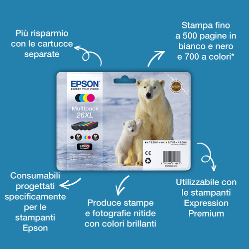 Epson 26XL – Multipack nero + nero foto + ciano + magenta + giallo originale (Orso polare)