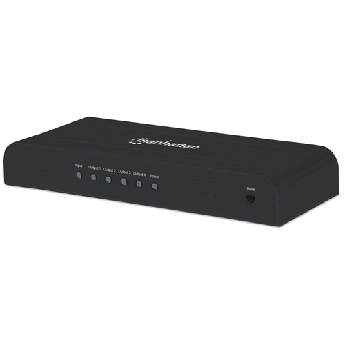 Manhattan HDMI Splitter, 4-Port, 4K@30Hz, AC Powered, Black, Three Year Warranty, Boxed (With Euro 2-pin plug)