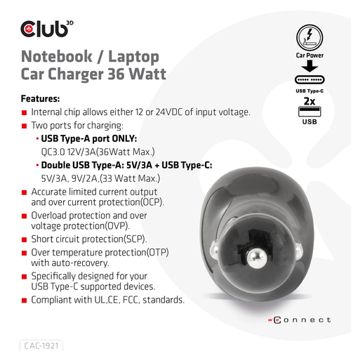 Club 3D Notebook / Laptop autolader 36 Watt oplader, afbeelding 7