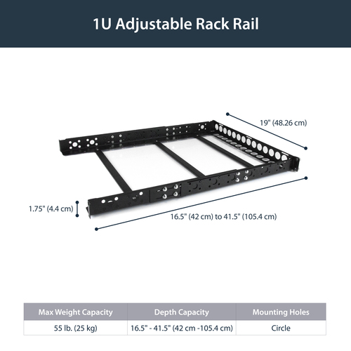 StarTech.com 1U Universal Server Rack Rails - TAA Compliant Adjustable Depth Server Mounting Rails - 19inch Rack Mount Rails (UNIRAILS1U) Rack-spor Sort – billede 3