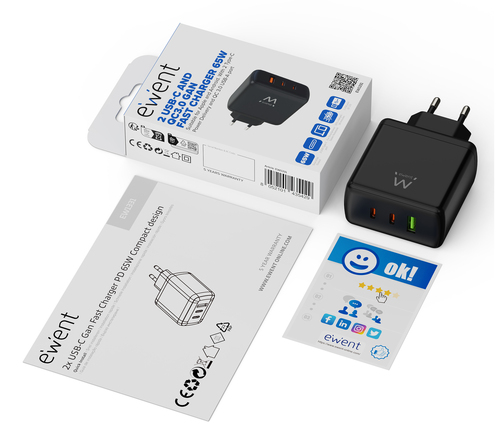 Ewent 65W GaN Fast 3-port (2 USB-C PD and 1 USB-A QC) charger, Compact Design – image 2