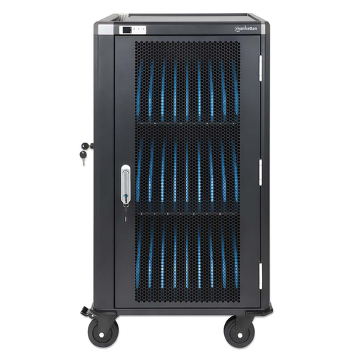 Manhattan Laadtrolley voor 30 laptops (tot 16"), laden via interne AC-adapters (EU) (installatie van voedingskabels van apparaten vereist), geschikt voor ALLE laptops, iPad, MacBook en Chromebook, vakken 380×30×280 mm, landkast, afsluitbaar