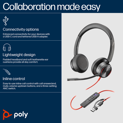 HP Poly Blackwire 8225 MT Certified USB-C Wired Headset + Adapter - image 3