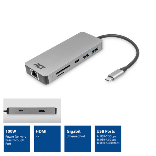ACT Connectivity USB-C 4K docking station voor 1 HDMI monitor, ethernet, USB-C, USB-A, cardreader en PD pass-through dockingstation, afbeelding 2