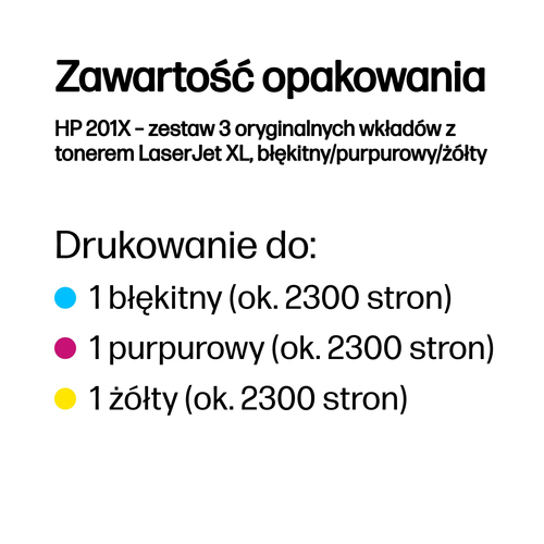 HP 201X – CF253XM  zestaw 3 oryginalnych wkładów z tonerem LaserJet XL, błękitny/purpurowy/żółty