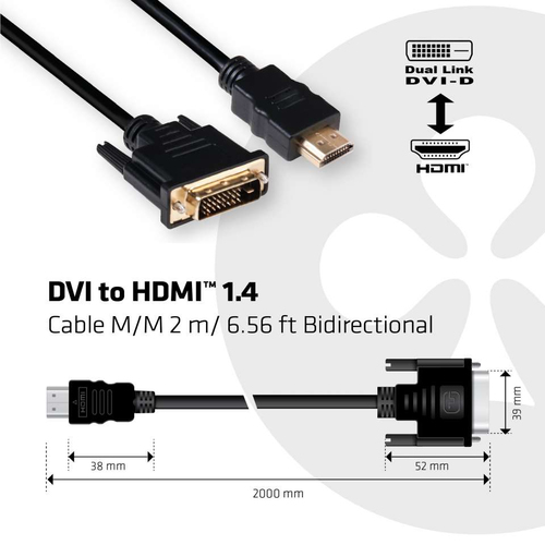 CLUB3D DVI to HDMI 1.4 Cable M/M 2 meter Bidirectional, afbeelding 3