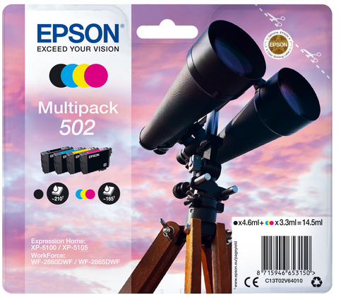 Epson 502 Binoculars Black Cyan Magenta Yellow Standard Capacity Ink Cartridge Multipack 4.6ml + 3 x 3ml (Pack 4) - C13T02V64010