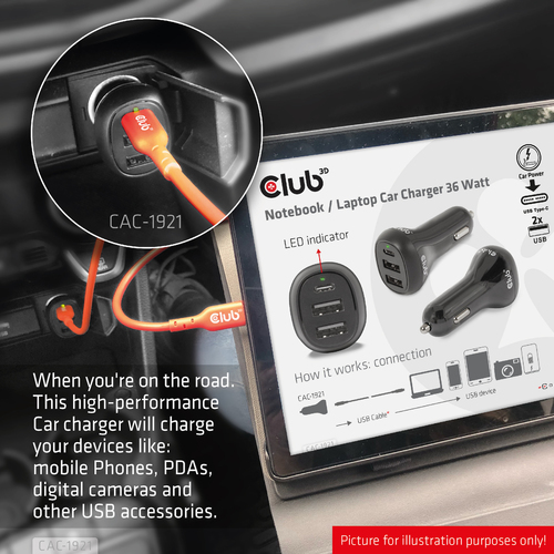 Club 3D Notebook / Laptop autolader 36 Watt oplader, afbeelding 4
