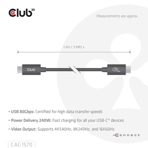 Club 3D USB-C 80Gbps Certified 240W 8k 240Hz kabel, afbeelding 5