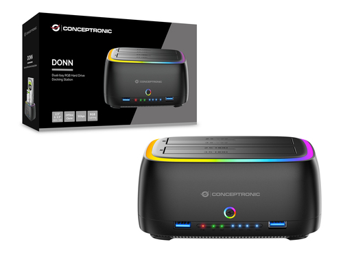 Conceptronic DONN36B Dual-bay RGB Hard Drive Docking Station, for 2.5/3.5-Inch HDD SSD, 2 x USB A, SD/TF Card Reader, UASP – image 5