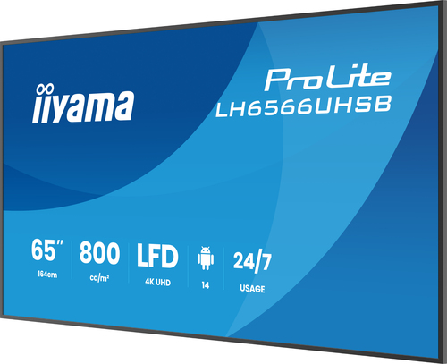 iiyama LH6566UHSB-B1AG pantalla de señalización Pantalla plana para señalización digital 165,1 cm (65") LCD Wifi 800 cd / m² 4K Ultra HD Negro Procesador incorporado Android 24/7