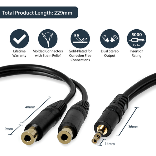 Startech 6 in. 3.5mm Audio Splitter Cable - Stereo Splitter Cable - Gold Terminals - 3.5mm Male to 2x 3.5mm Female - Headphone Splitter (MUY1MFF) Lydsplitter – billede 6
