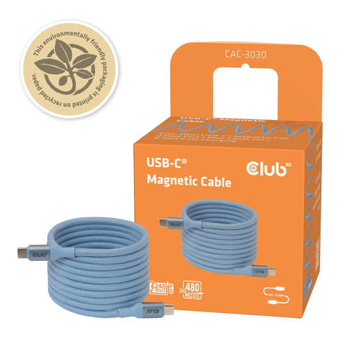 Club 3D USB-C Magnetic-Coil 240W PD3.1 Blue Cable, 2 meter kabel, afbeelding 7