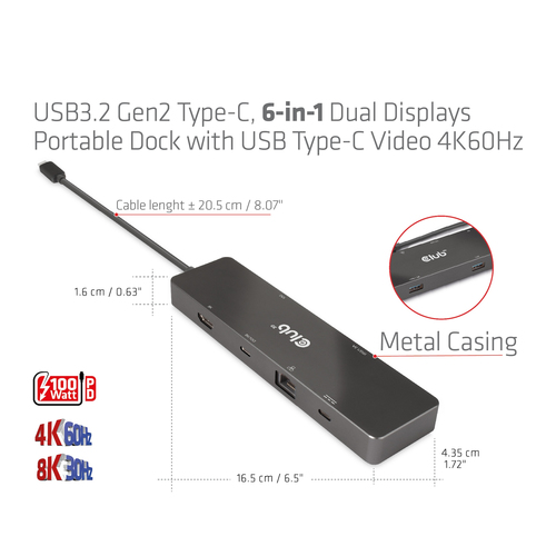 Club 3D USB-C 3.2 Gen2 6-in-1 Dual displays Portable dock dockingstation, afbeelding 10