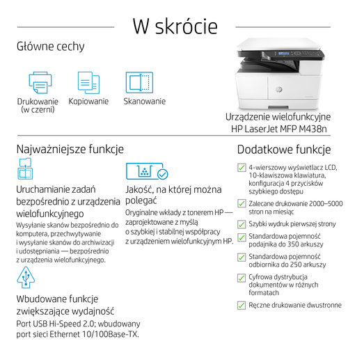Drukarka wielofunkcyjna laserowa HP LaserJet MFP M438n | WI-FI | Mono | USB | AirPrint | LAN