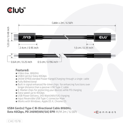 Club 3D USB-C 4 Gen3x2 kabel, afbeelding 3