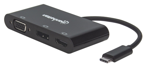 Manhattan USB-C Dock/Hub, Ports (x3): DisplayPort, HDMI and VGA, With MST, All Ports can be used at the same time, Cable