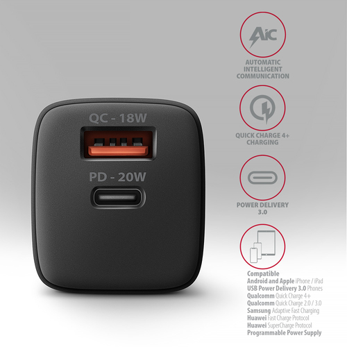 AXAGON Wandladegert 20 W PD 30 Quick Charge 4 - USB-C  USB-A – Foto 5 von 11