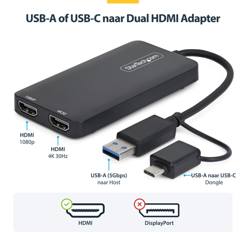 StarTech.com USB to Dual HDMI Adapter, USB AC to 2x HDMI Monitors (1x 4K 30Hz, 1x 1080p), Integrated USB-A to C Dongle, 4in11cm Cable, Windows & macOS, afbeelding 10