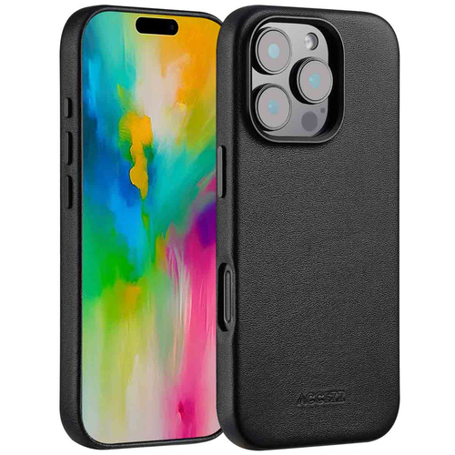 Accezz MagSafe Leather Backcover voor iPhone 16 Pro Telefoonhoesje Zwart