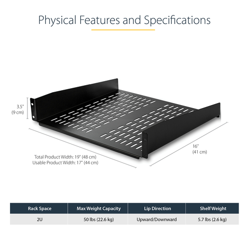 StarTech.com 2U Server Rack Shelf - Universal Vented Cantilever Tray for 19 Network Equipment Rack & Cabinet - Heavy Duty Steel - 50lb - 16 Deep (CABSHELFV) Rackhylde Sort – billede 5
