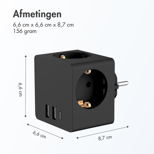 Accezz PowerCube 6-in-1 1x USB-C+2x USB-A+3x stopcontact 4000W Oplader Zwart, afbeelding 9