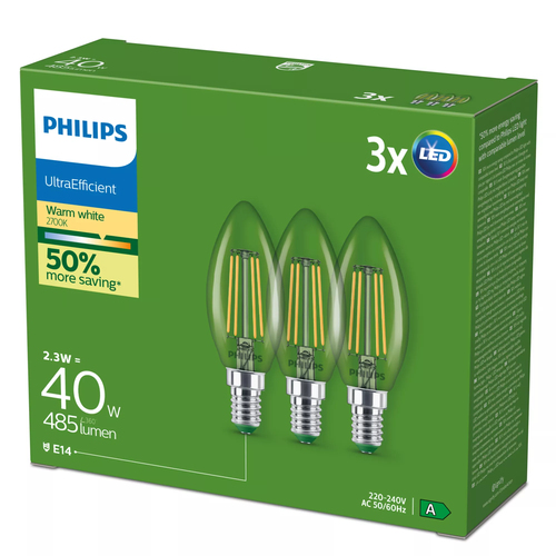 Philips Ampoule LED UltraEfficient transparente - 40 W - Culot E14 - Lumière blanc chaud, 2700 K - Ultra efficace : classe énergétique A - Lot de 3 – Photo 4 sur 4