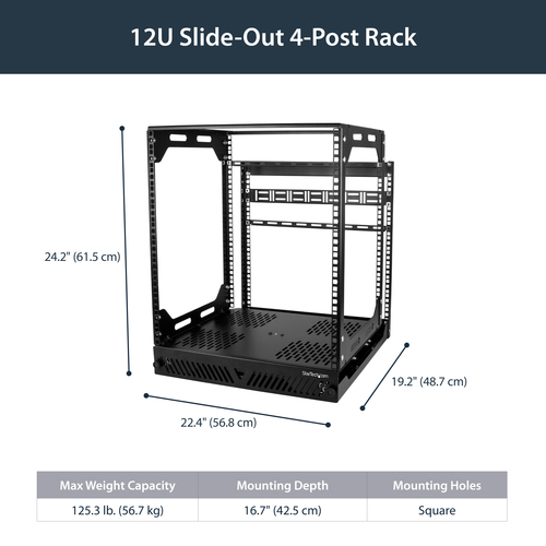StarTech.com 19in 12U Sliding Rotating Open Frame Network Rack - 4 Post AV/Data Rack – image 2